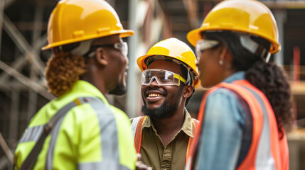 Canvas Print - A group of multi-ethnic workers at a construction site wearing hard hats talking