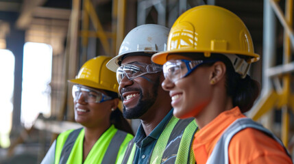 Wall Mural - A group of multi-ethnic workers at a construction site wearing hard hats