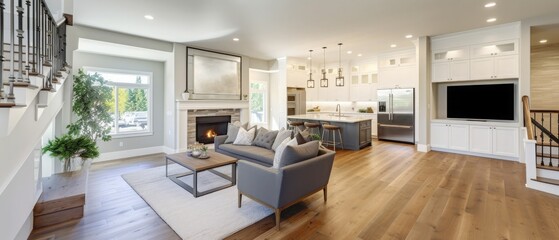 beautiful living room interior with hardwood floors and fireplace in new luxury home. has view of ki