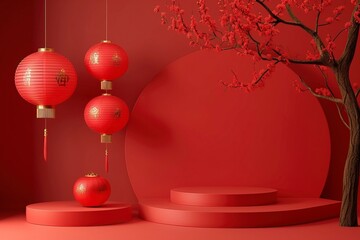 Wall Mural - Red Chinese lanterns on a plain background