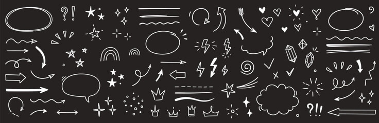Aufkleber - Sketch line arrow element, star, heart shape on chalkboard background. Hand drawn doodle sketch style circle, cloud speech bubble grunge element. Arrow, star, heart decoration. Vector illustration