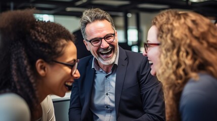 Wall Mural - Group of colleagues sharing laughter during a team-building activity at work. Image of People very happy and fun. teamwork concept. High quality photo.