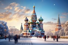 St. Basil's Cathedral On Red Square In Moscow, Russia, Moscow, Russia, Red Square, View Of St, Basil's Cathedral In Winter, AI Generated