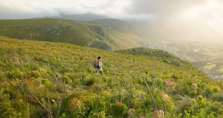 Wall Mural - woman hiking, walking and travel on mountains for adventure, wellness and health in nature, flowers 