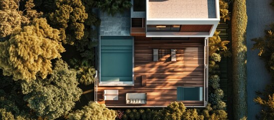 Modern house with garden swimming pool and wooden deck seen from above.