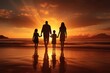 Silhouette of a family walking on the beach at sunset, Rear view of a happy family walking hand in hand down a paradise beach during sunset, AI Generated