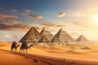 The pyramids of Giza in Egypt at sunset. 3d rendering, Pyramids Giza Cairo in Egypt with a camel caravan panoramic scenic view, AI Generated