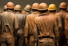 Terracotta Army Soldiers In A Museum In Lisbon, Portugal, Rear View Of A Group Of Mine Workers Wearing Helmets, AI Generated