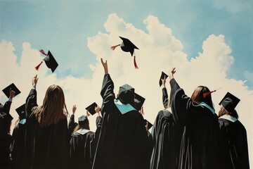 Wall Mural - Graduates throwing mortarboard and diploma in the air. Graduation concept, Rear view of a group of graduates tipping their graduation caps upwards, AI Generated