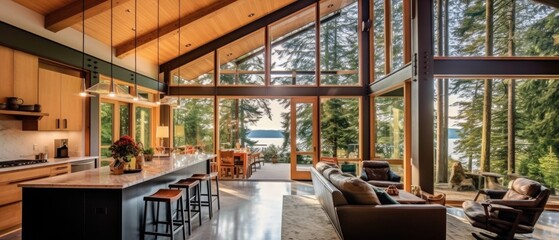 Wall Mural - Pacific Northwest Contemporary home with large view windows and wood beams