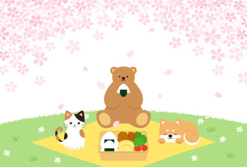 Wall Mural - spring vector background with a bento box, cat, bear and dog having a Cherry blossom viewing party on a green field for banners, cards, flyers, social media wallpapers, etc.