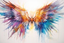 Colorful Bird Wings On White Background. Digital Watercolor Painting, Magic Wings In Watercolor, AI Generated