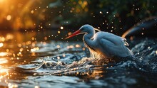 Eastern Great Egret Bird On The Surface Of The Water, Natural Wildlife Environment