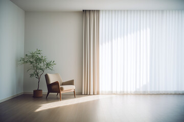 Wall Mural - the modern minimalistic scene of the cream-colored room is illuminated by soft light, featuring beig