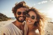 © Ifti Digital - Portrait of happy young couple in sunglasses on the beach at sunset, A beautiful young couple smiling on a summer day at the beach, AI Generated