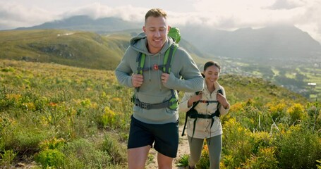 Wall Mural - happy friends walking, hiking on mountain and travel for fitness, adventure and journey in eco frien