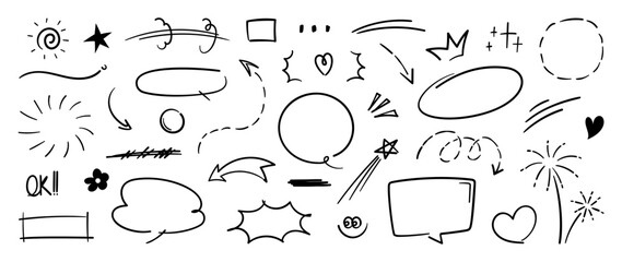 Wall Mural - Set of cute pen line doodle element vector. Hand drawn doodle style collection of heart, arrows, scribble, speech bubble, chat, firework, flower. Design for print, cartoon, card, decoration, sticker.