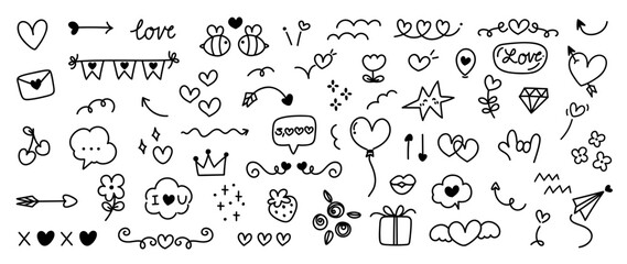 set of valentine doodle element vector. hand drawn doodle style collection of heart shaped, lips, ar