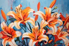Oil Painting Of Orange Lily Flowers On Blue Background. Fragment Of Artwork, Post-expressionism Style Portrayal Of Flowers, AI Generated
