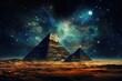 Egyptian pyramids in the desert at night. 3d rendering, Pyramids in the desert at night time with a starry sky and milky way, portrayed in an abstract picture style reminiscent, AI Generated