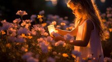 Young Kid Girl Holding A Small Lantern In Middle Of A Beautiful Spring Flowers Field At Dusk