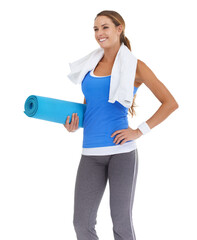 Wall Mural - Yoga mat, health and young woman in studio for health, body or pilates workout. Sports, towel and portrait of happy female person with equipment for exercise or training isolated by white background.