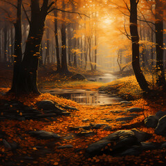 Poster - A tranquil autumn forest with fallen leaves.