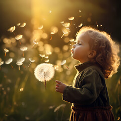 Wall Mural - A young child blowing dandelion seeds into the wind.