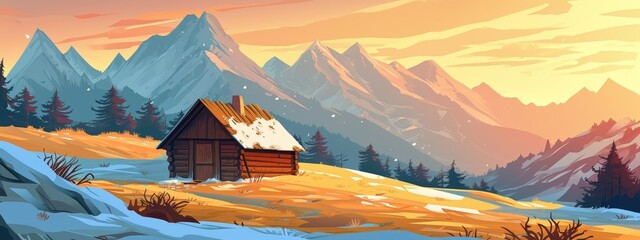 Wall Mural - landscape with a small wooden hut, cartoon illustration