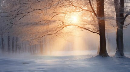 Wall Mural - Image of sun rays shining through snow-covered tree branches.