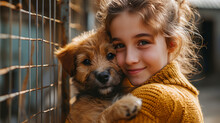 A Little Girl Helps Adopting A Dog From Dog Rescue Shelter Center.