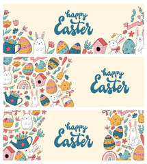 Wall Mural - Set of Easter horizontal banners decorated with hand drawn doodles and lettering quotes for web banners, prints, cards, templates, invitations, brochures, leaflets. EPS 10