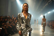© Zireael - In the spotlight at high fashion week, the Asian fashion model struts the runway in stunning metallic silver clothing, embodying modern elegance and avant-garde style