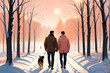 Illustration featuring a gay couple during a romantic dog walk in a winter snow landscape, bathed in the glow of sunlight.