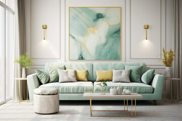 Wall Mural - Luxury Livingroom house or apartment interior design, mock up room design, plants, and elegant personal accessories. Couch and table furniture with poster art and room accessories home decor