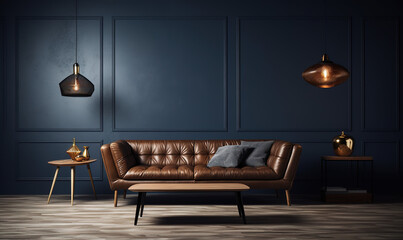 Wall Mural - The interior design of a modern home or apartment living room with a dark blue background wall and leather couch with pillows for decor