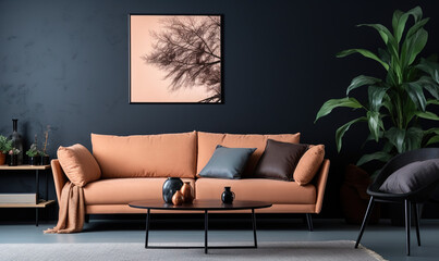 Wall Mural - The interior design of a modern home or apartment living room with a dark blue background wall and leather couch with pillows for decor