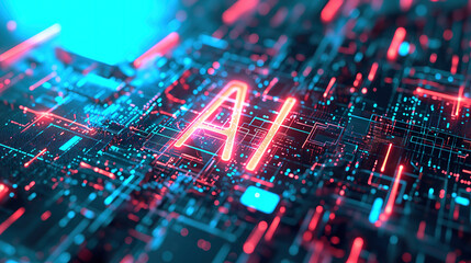 AI on a Circuit Board: A Digital and Futuristic Concept with Blue and Orange Lights