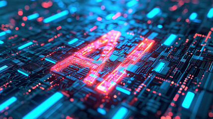 AI on a Circuit Board: A Digital and Futuristic Concept with Blue and Orange Lights