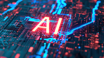 AI on a Circuit Board: A Digital and Futuristic Concept with Blue and Orange Lights