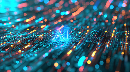 AI on a Circuit Board: A Digital and Futuristic Concept with Blue and Orange Lights