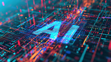 AI on a Circuit Board: A Digital and Futuristic Concept with Blue and Orange Lights