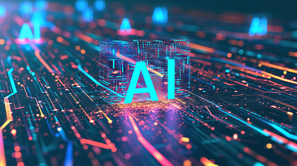 AI on a Circuit Board: A Digital and Futuristic Concept with Blue and Orange Lights