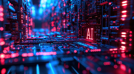 AI on a Circuit Board: A Digital and Futuristic Concept with Blue and Orange Lights