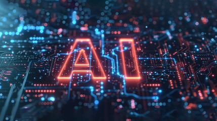 AI on a Circuit Board: A Digital and Futuristic Concept with Blue and Orange Lights