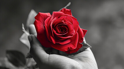 Wall Mural - Male hands with red rose. Black and white image with the rose in red.