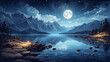 Scenic view on the lake with stunning moon and stars in the middle night