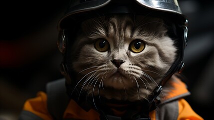 Wall Mural - A cat wearing a firefighter helmet and an orange fire-resistant suit