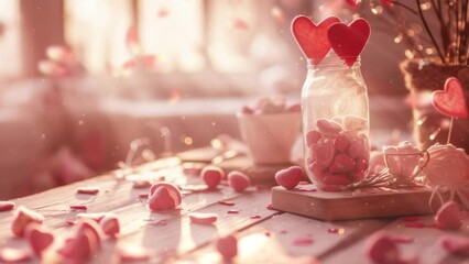 Wall Mural - Beautiful romantic Valentine's Day background animation, dreamy mood with lovely hearts and morning lights, 4k loop