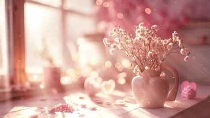 Wall Mural - Beautiful romantic Valentine's Day background animation, dreamy mood with lovely hearts and morning lights, 4k loop